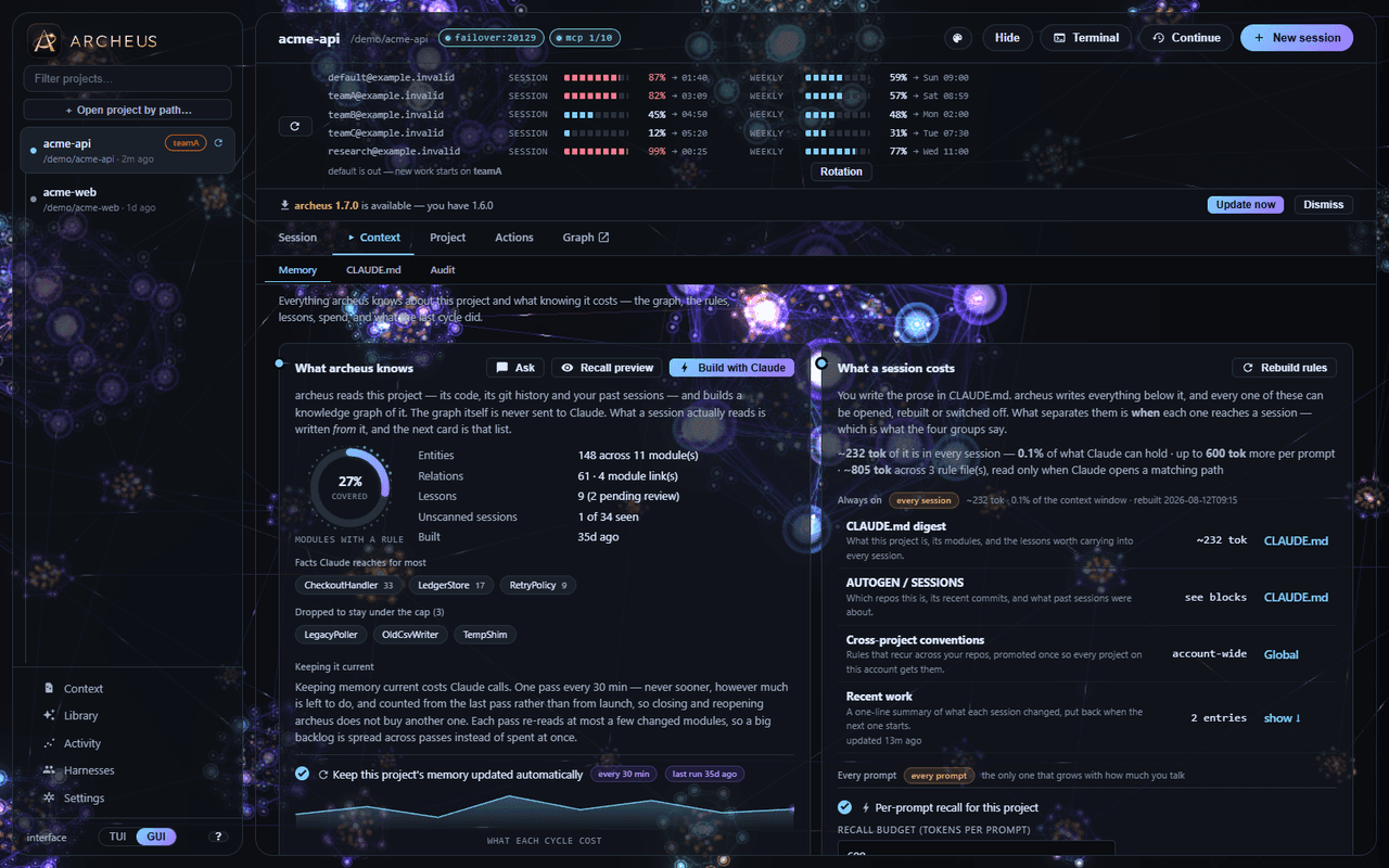 The memory tab: entities, relations and lessons extracted from a codebase, with token budgets per surface.
