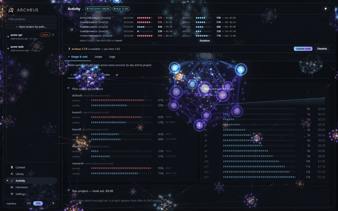 The usage screen: tokens in, out and cached with estimated cost per project, per day and per model.