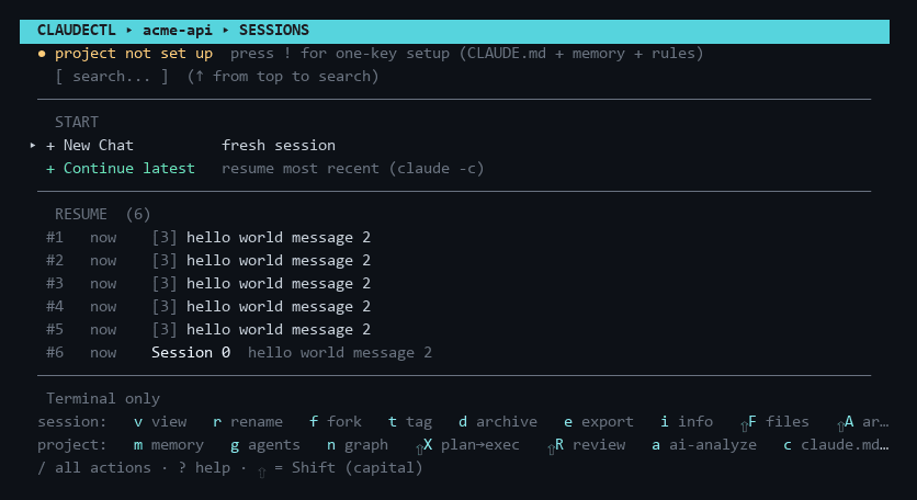 The session browser: every Claude Code session in a project, searchable, with tokens and cost per session.