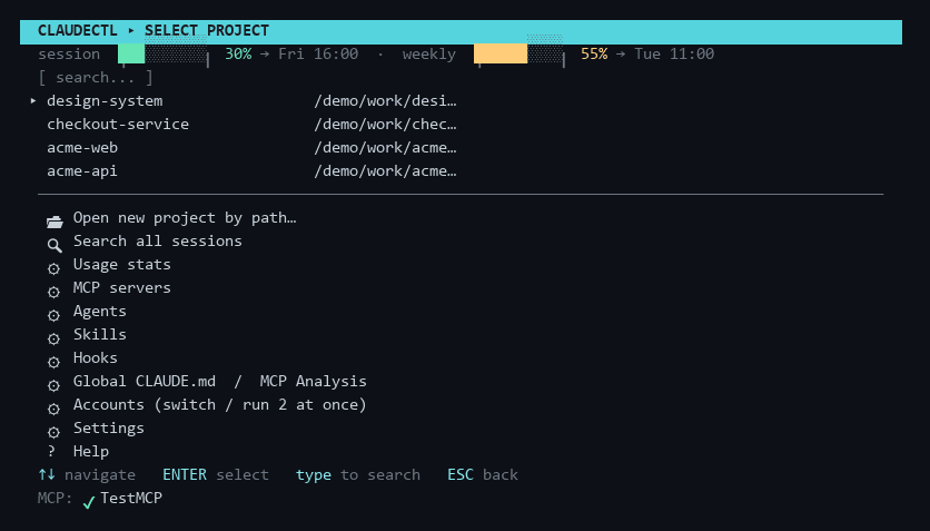 The archeus terminal UI main screen, listing projects with usage bars.